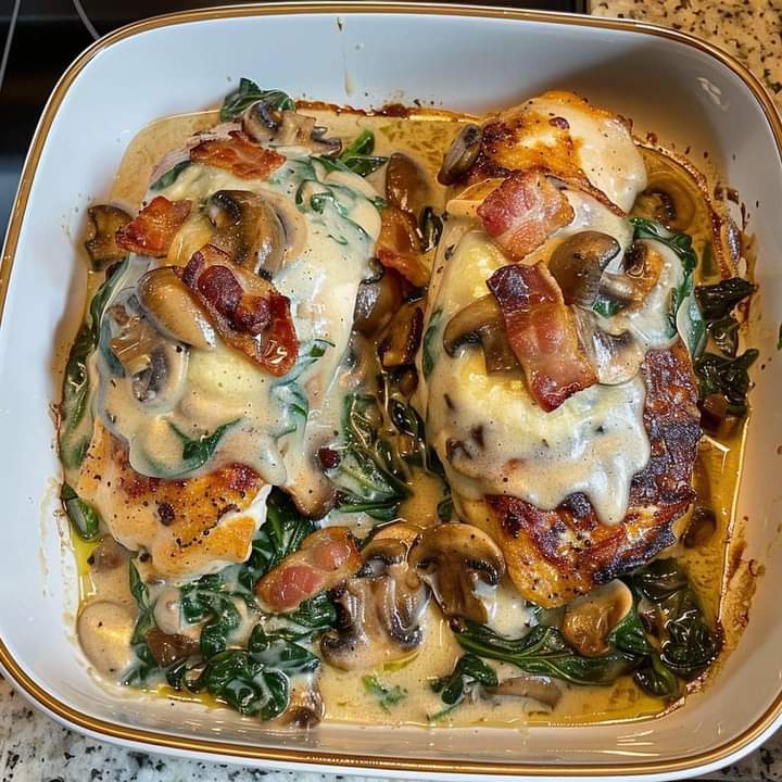 Smothered Chicken with Creamed Spinach Bacon And Mushrooms