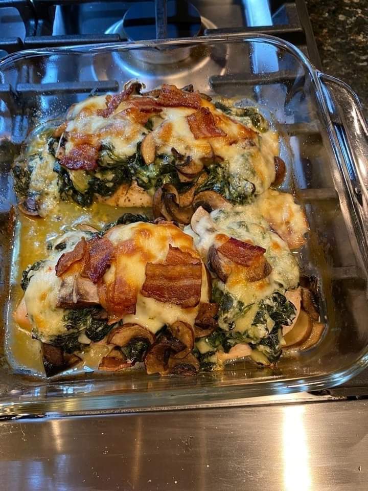 Smothered Chicken with Creamed Spinach Bacon And Mushrooms